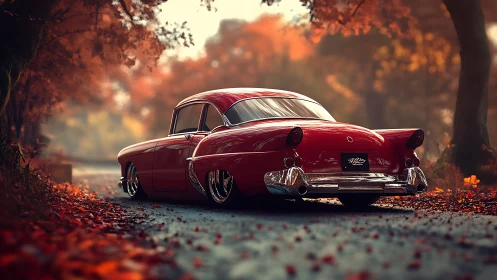 Crimson lowrider drifts through hush-tinted autumn daydreams.