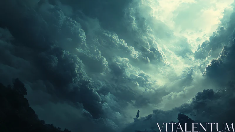 Storm-kissed sky opens above a lone wanderer in light