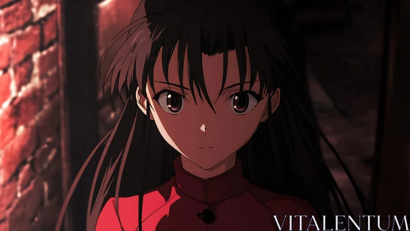 Anime girl in red jacket standing in dim alleyway scene.