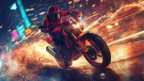 Motorcycle racer cuts through neon rain with blazing speed