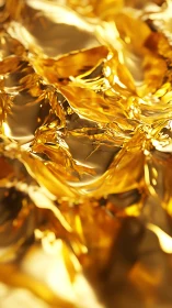 Macro view of crumpled reflective golden metallic foil surface