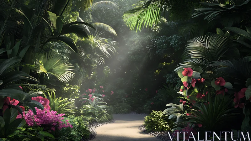 Sunlit pathway extends through dense tropical vegetation