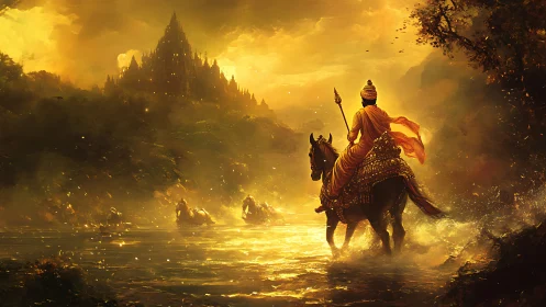 Golden-clad rider approaches a distant mystical citadel at dusk.