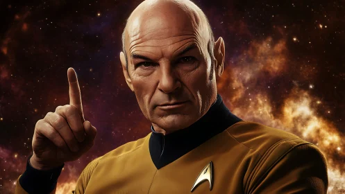 Commanding starship officer raises a guiding finger in space