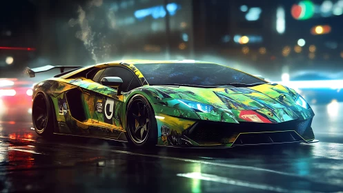 Neon jungle supercar prowling through rain-glossed city streets.