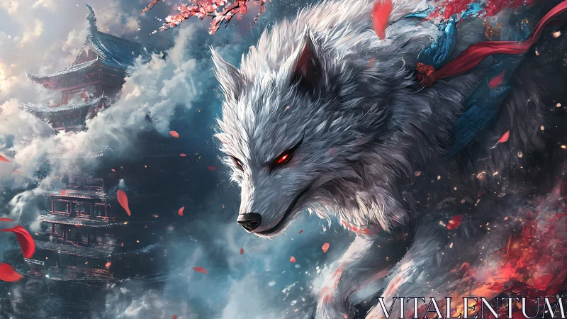 White spirit wolf charges past misty pagoda in petals