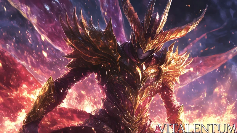 Digital painting of infernal armored warrior with radiant flames.