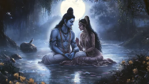Moonlit river romance with divine lovers in quiet bliss.