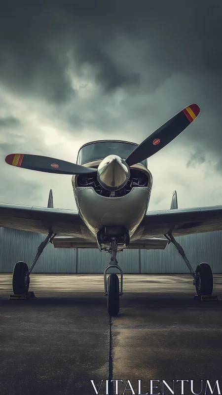 Stormy-skied propeller plane waits patiently on the tarmac