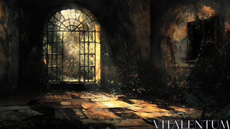 Sunlit iron gate opens from dark ruined corridor