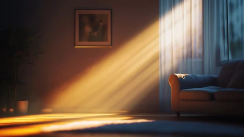 Golden morning sunlight gently filling a cozy living room.