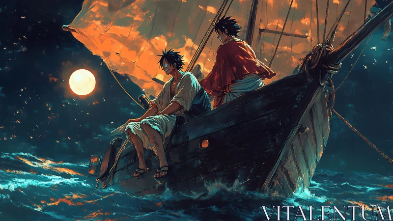 Moonlit wanderers ride storm-kissed waves on a glowing sailboat.