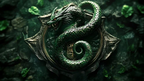 Emerald dragon crest coils in a glowing forest emblem