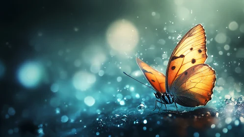 Luminescent macro butterfly with bokeh-saturated aqua field.