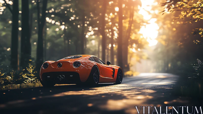 Orange supercar glides through sunlit forest roadway scene.