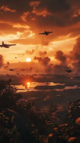 Military transport aircraft cross a wetland at low sunset light