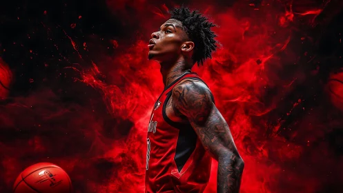 Tattooed basketball player rises against blazing red storm