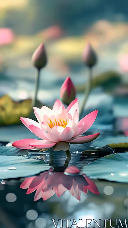 Photorealistic lotus macro with reflective water surface focus.