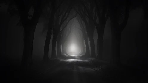Monochrome fog corridor with silhouetted trees and vanishing light