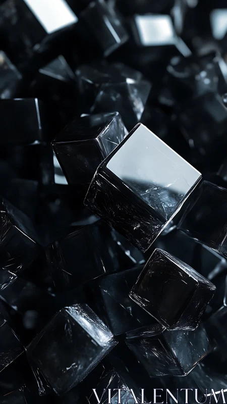 Dark reflective cubes clustered in dense abstract pattern.