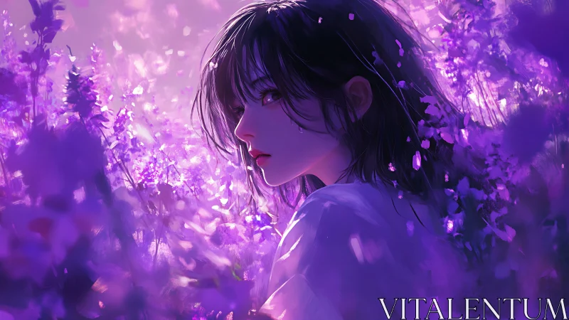 Violet dusk girl wandering through a whispering flower storm.
