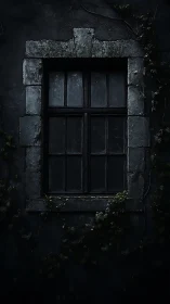 Weathered stone window wrapped in quiet climbing ivy.