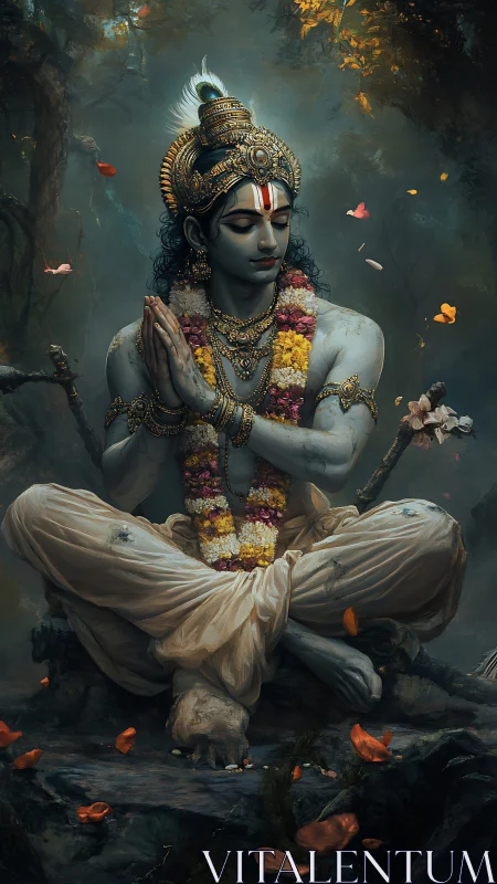 Blue-skinned deity figure sits cross-legged in forest meditation.
