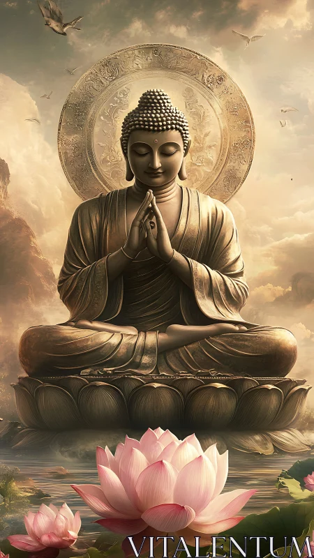 Serene golden Buddha in lotus meditation over still water.