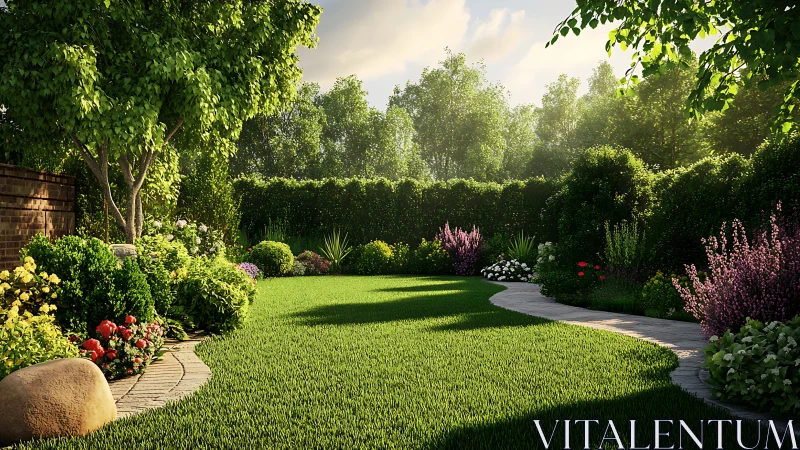 Photorealistic garden lawn with curved border planting design.