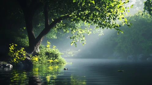 Sunlit forest river bank holds tranquil reflective water