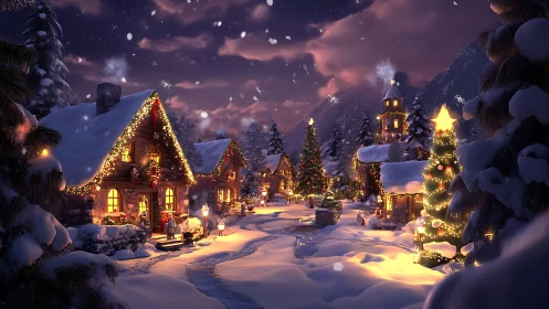 Snowy Christmas village glows under soft twilight sky.