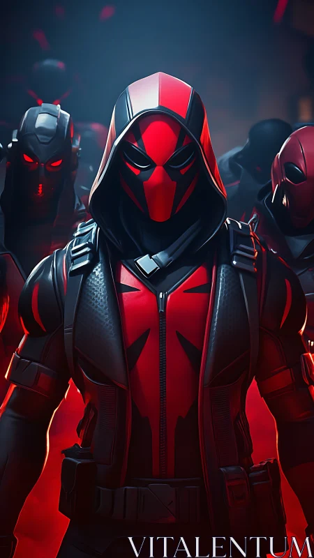 Parametric red-armored vigilante squad in volumetric haze.