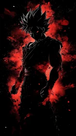 Silhouetted spiky-haired figure stands before red splatter field