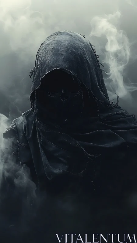 Shrouded hooded figure waits in swirling mist and quiet shadow