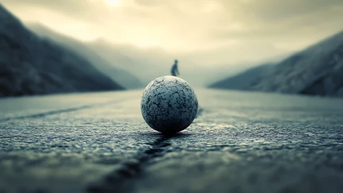 Cracked stone sphere on misty road with distant silhouette.