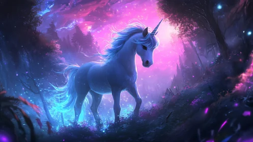 Majestic white unicorn in glowing purple enchanted forest.