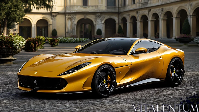 Golden grand tourer coupe in Italian palazzo courtyard at dusk