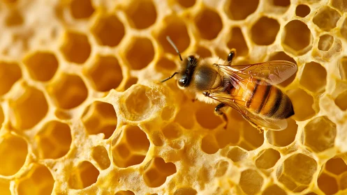 Honeybee macro on wax comb lattice with translucent wing detail.