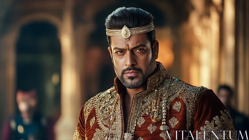 Regal warrior in jeweled sherwani under warm palace depth of field
