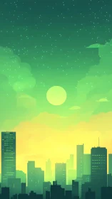 Green gradient city skyline under starry sky.