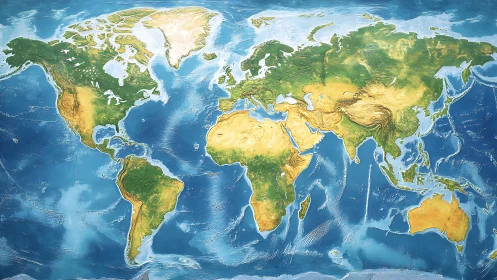 World map presents global topography with shaded relief