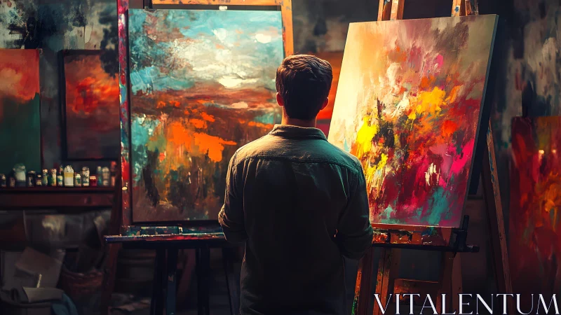 Artist Observing Abstract Paintings in a Colorful Studio Setting.