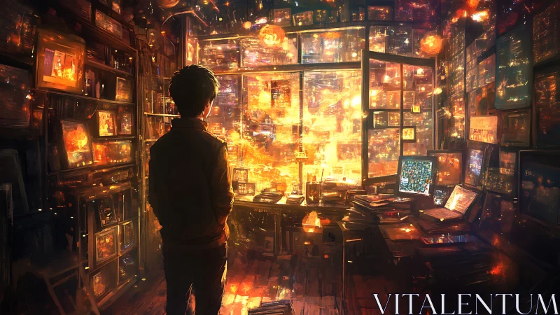 Solitary figure studies glowing data city through window