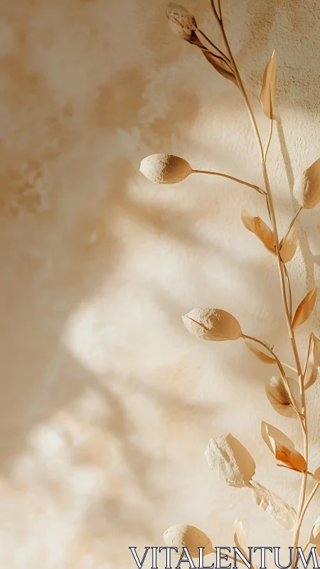 Dried Botanical Seed Pods Against Textured Wall.