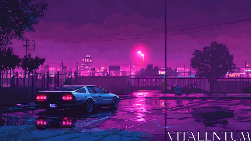 Neon-soaked retro sports car in rainy synthwave cityscape.