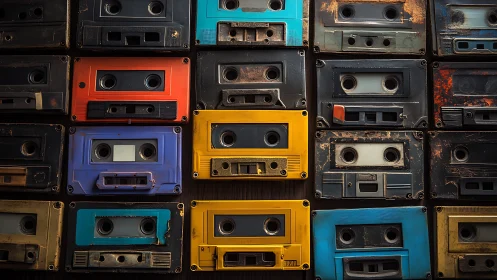 Grid of worn multicolored cassette tapes is arranged uniformly