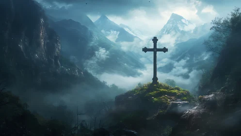 Solitary stone cross crowns mist-laden alpine valley vista