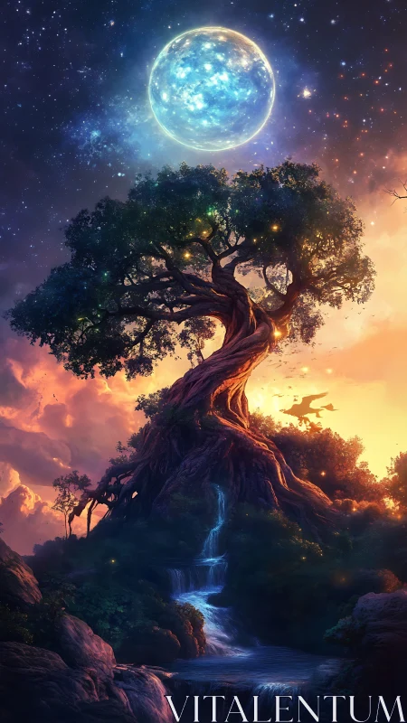 Enchanted world tree under glowing moon and waterfall.