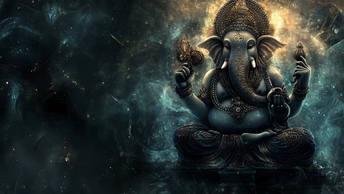 Cosmic elephant sage seated in swirling nebula hush.