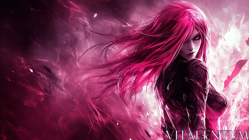 Female figure with magenta energy and dynamic background.